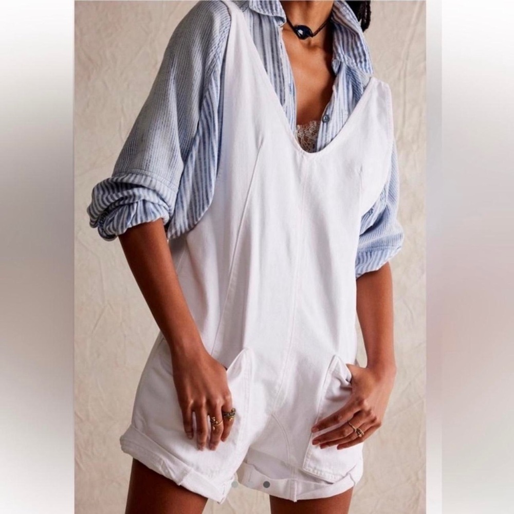 Free People We The Free‎ High Roller Shortall Romper in optic white sz L